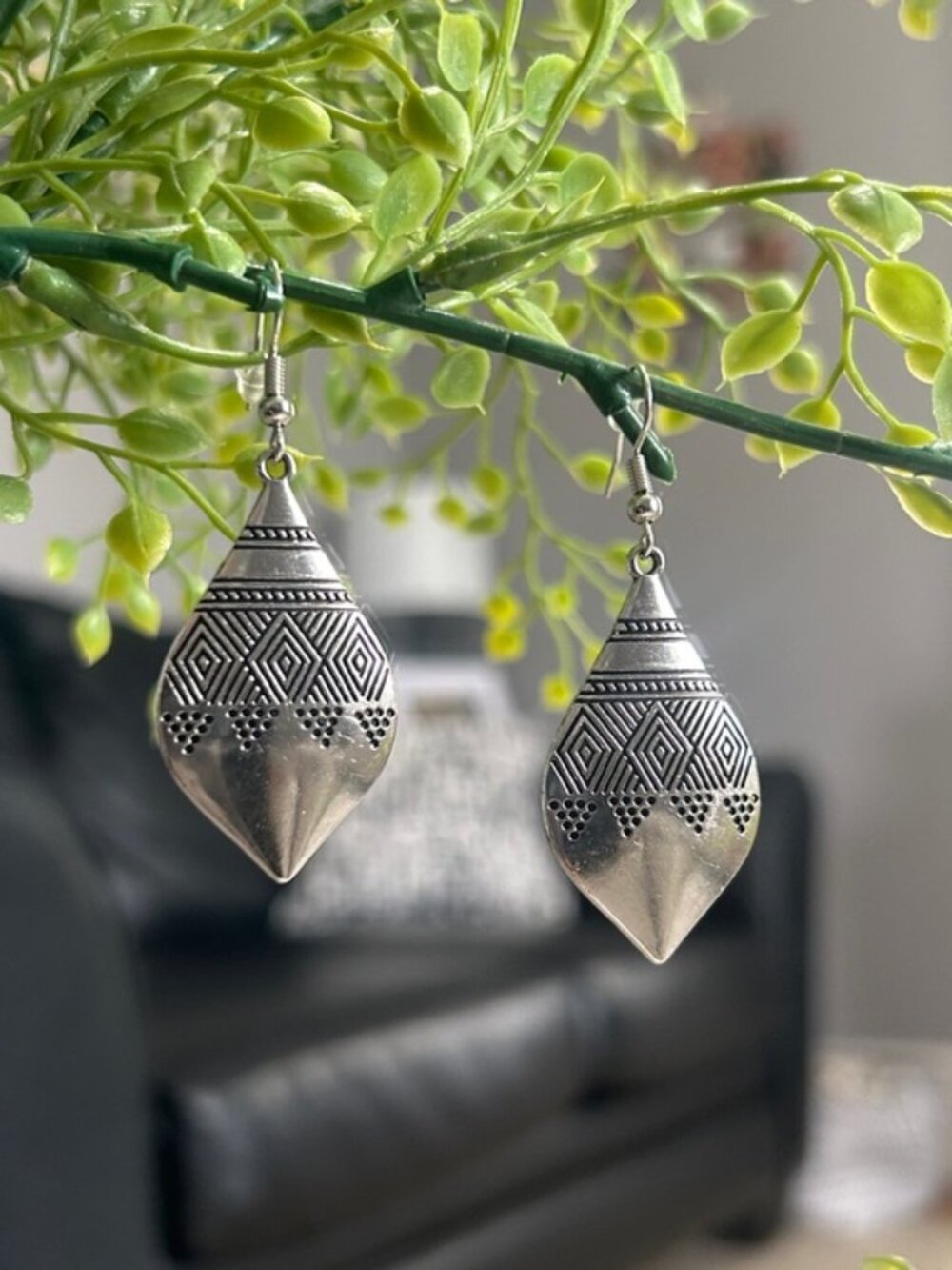 Vintage Boho Antique Silver Tone Diamond Drop Earrings Geometric - NWOT